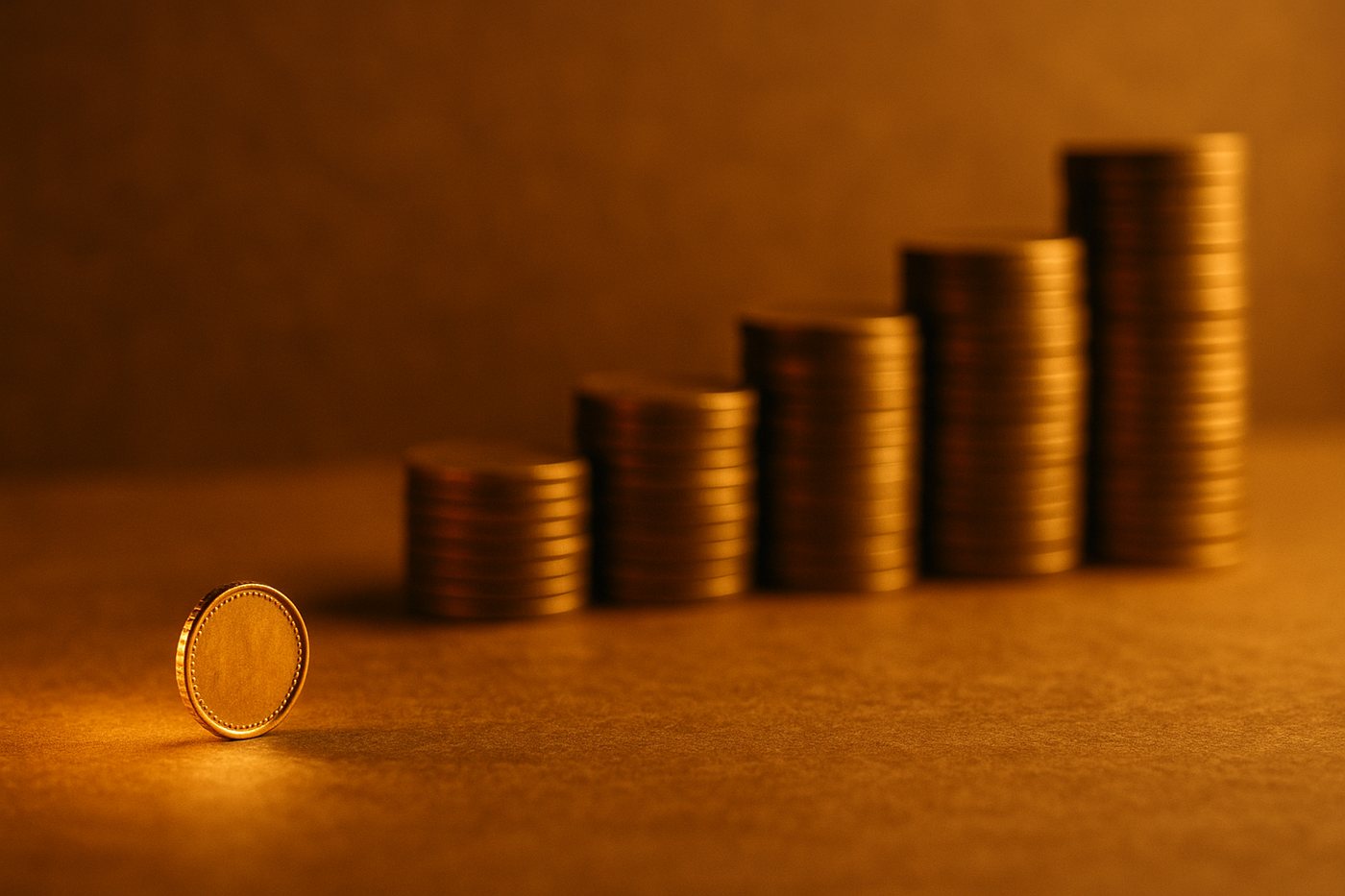 A single gold coin in front of an ascending stack of gold coins