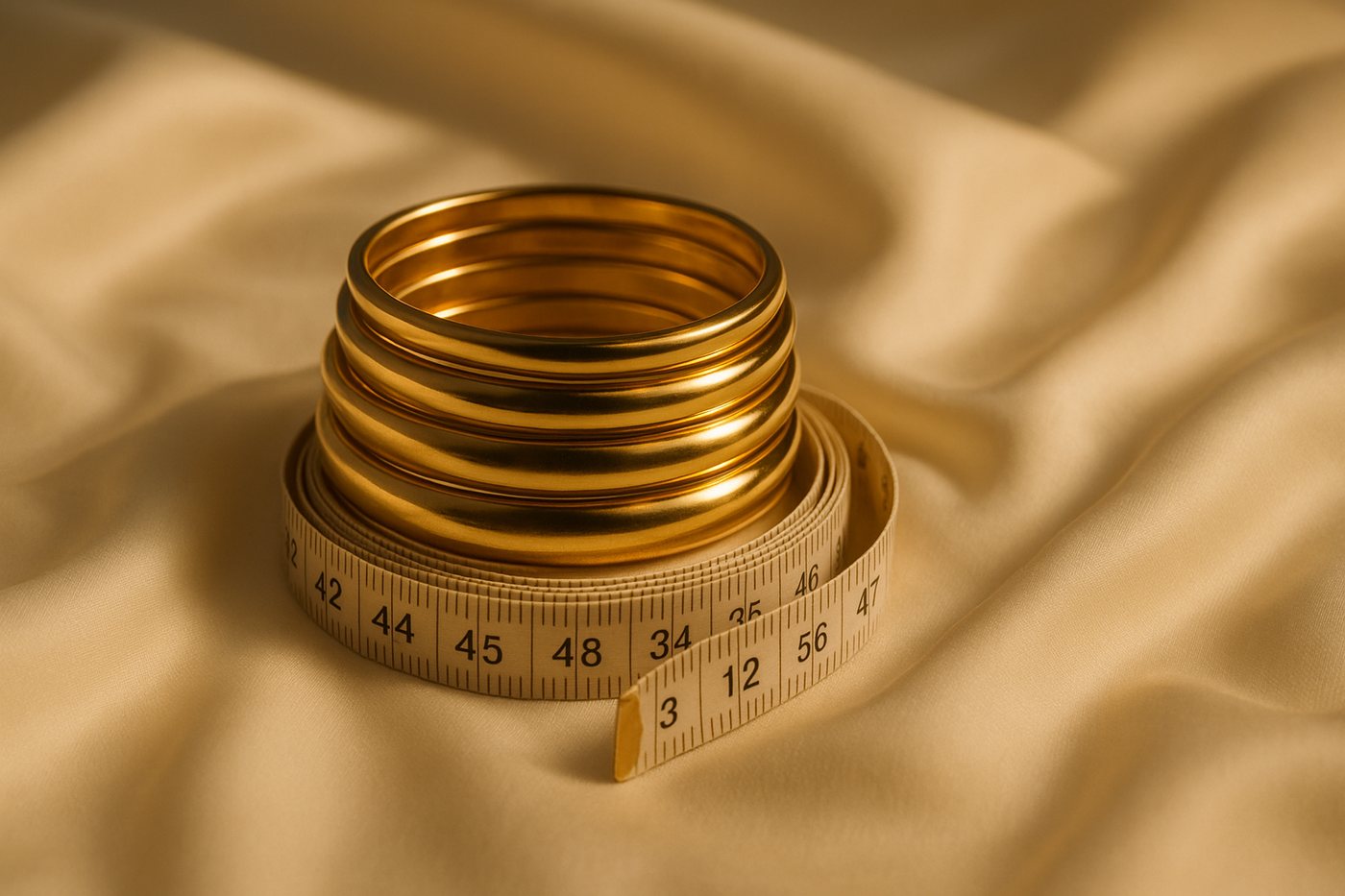 A stack of gold bangles beside a coiled measuring tape