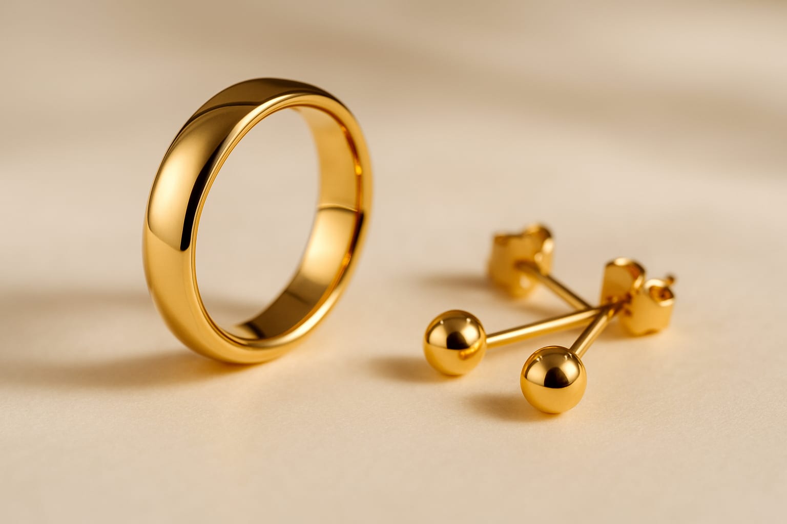 Product photograph of a gold ring and a pair of gold earrings on cream stone, styled for a hallmark guide