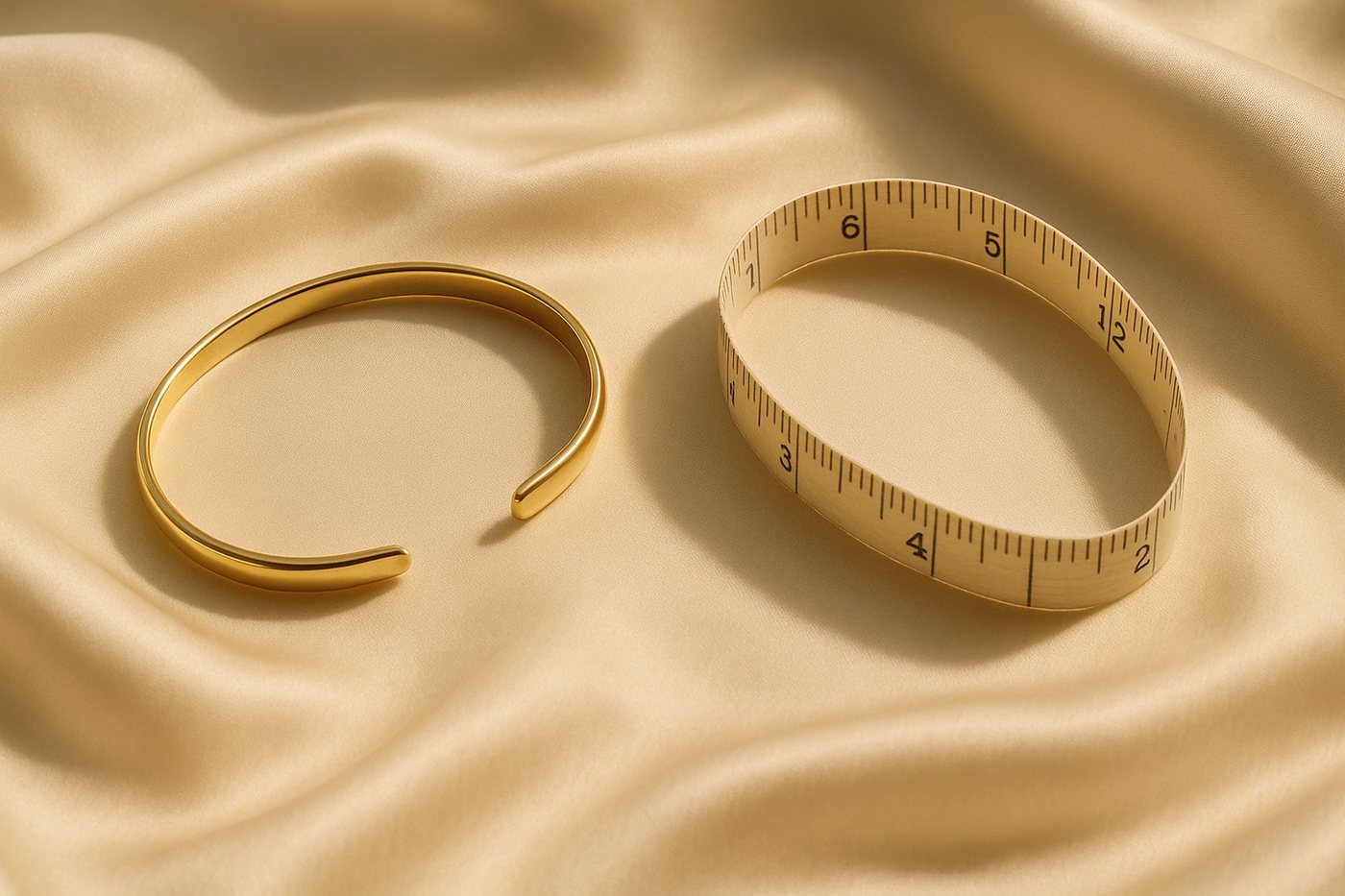 A gold bracelet with an oval wrist opening beside a measuring tape