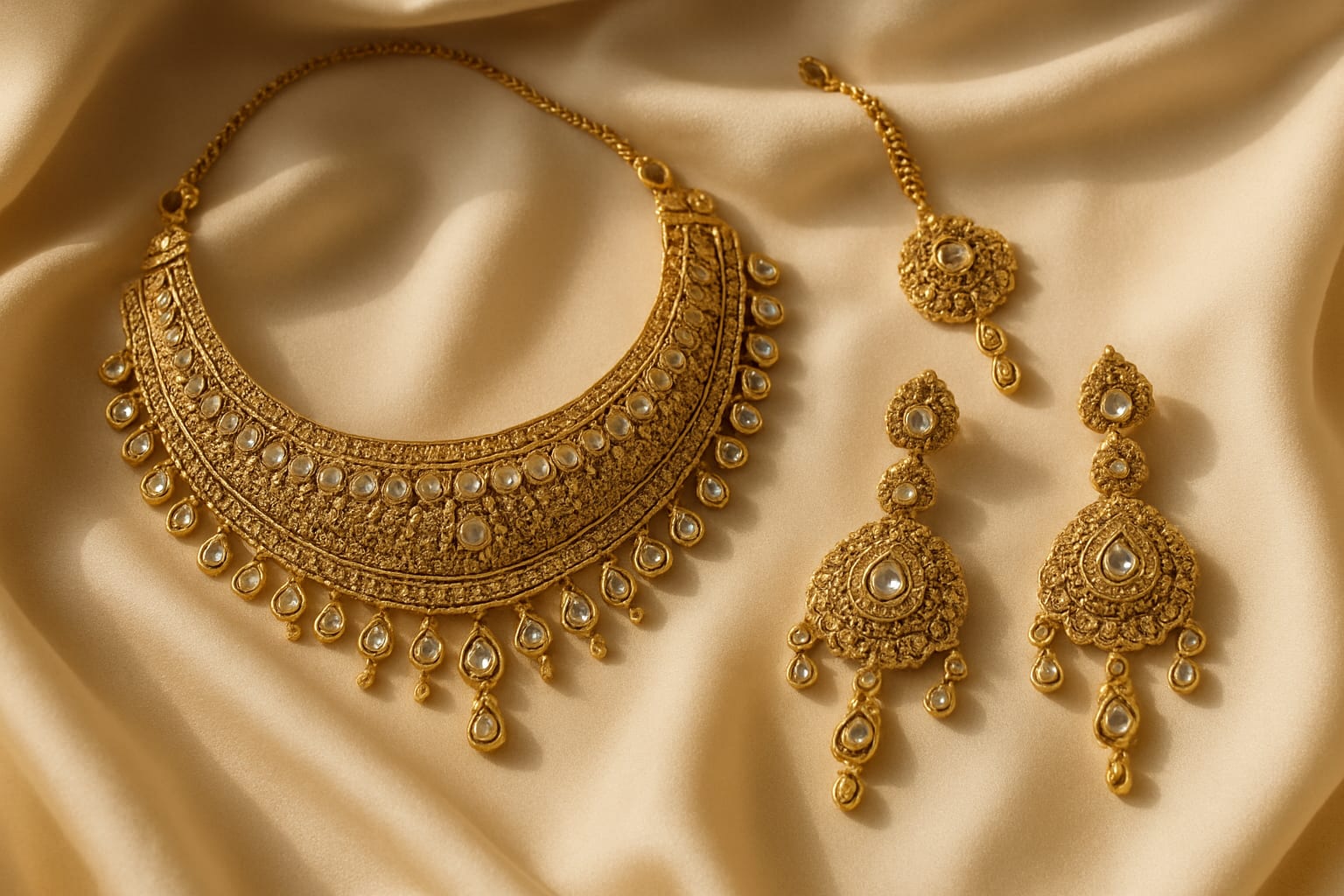 A bridal jewellery set in gold and Polki-style stones arranged on ivory silk