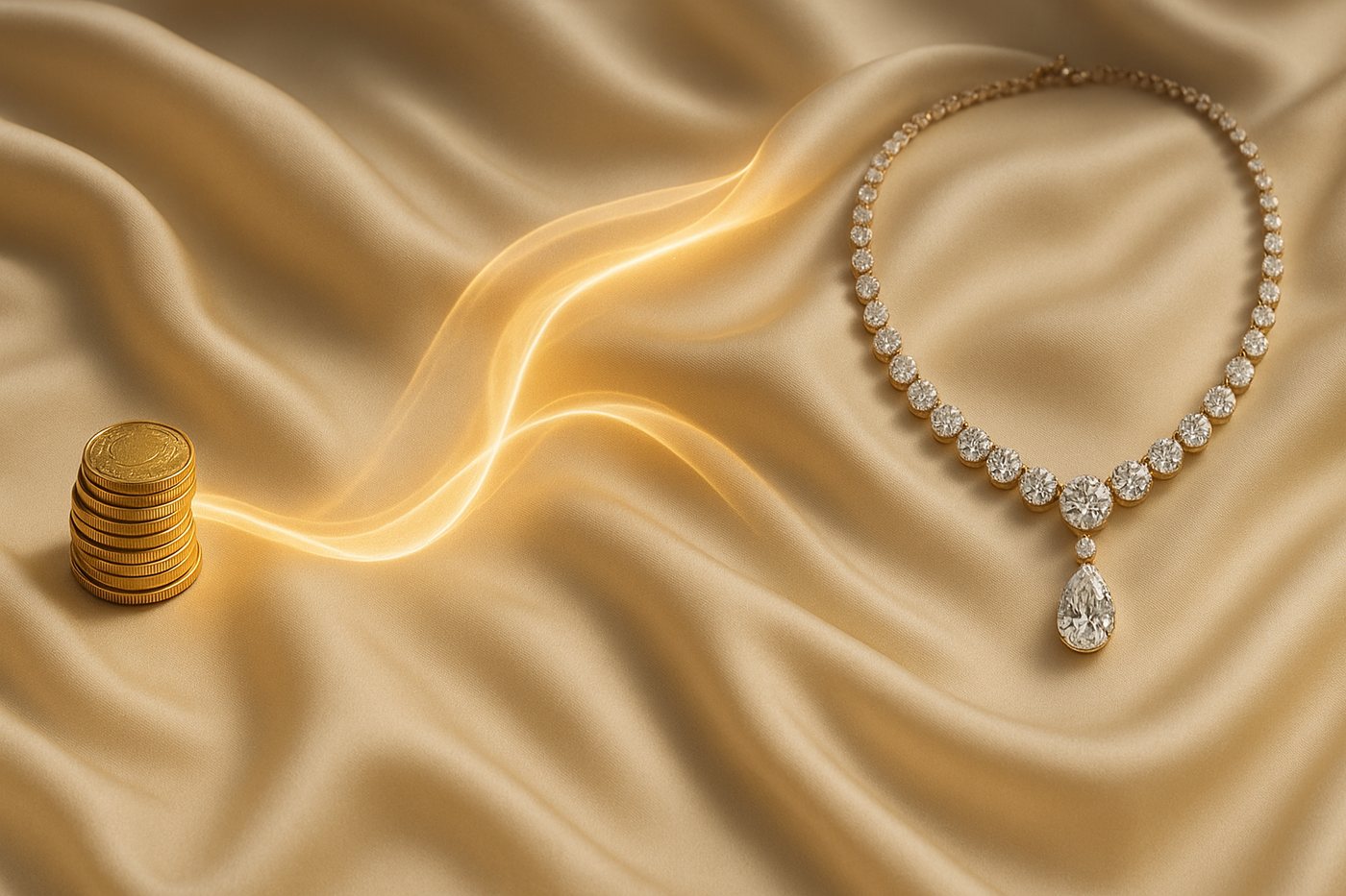 A pile of gold coins transforming into an elegant diamond necklace