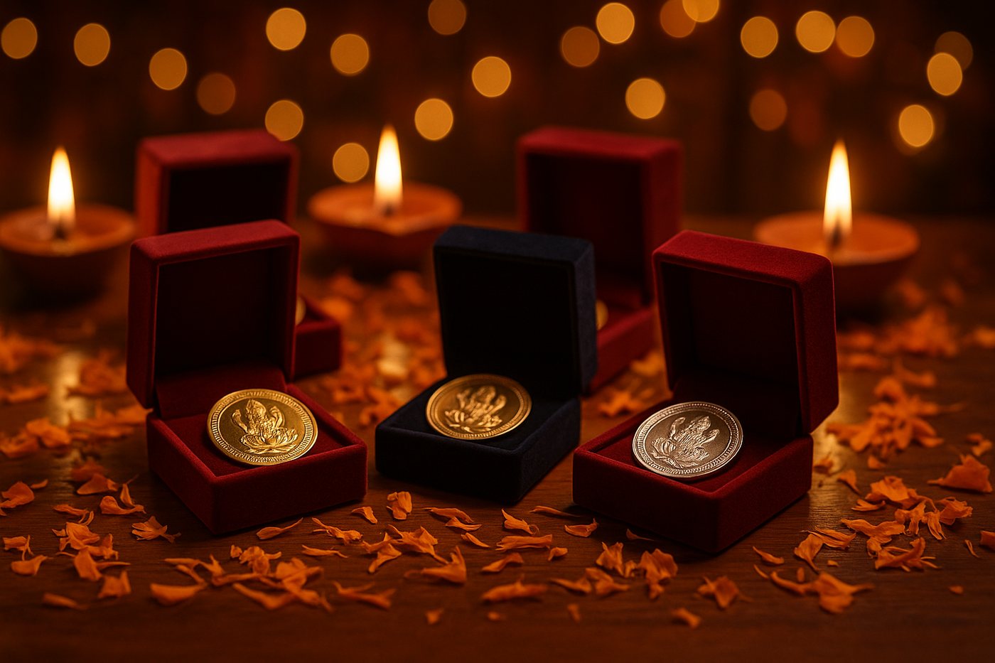 Gold and silver Diwali gift coins in velvet boxes with diyas and marigold petals