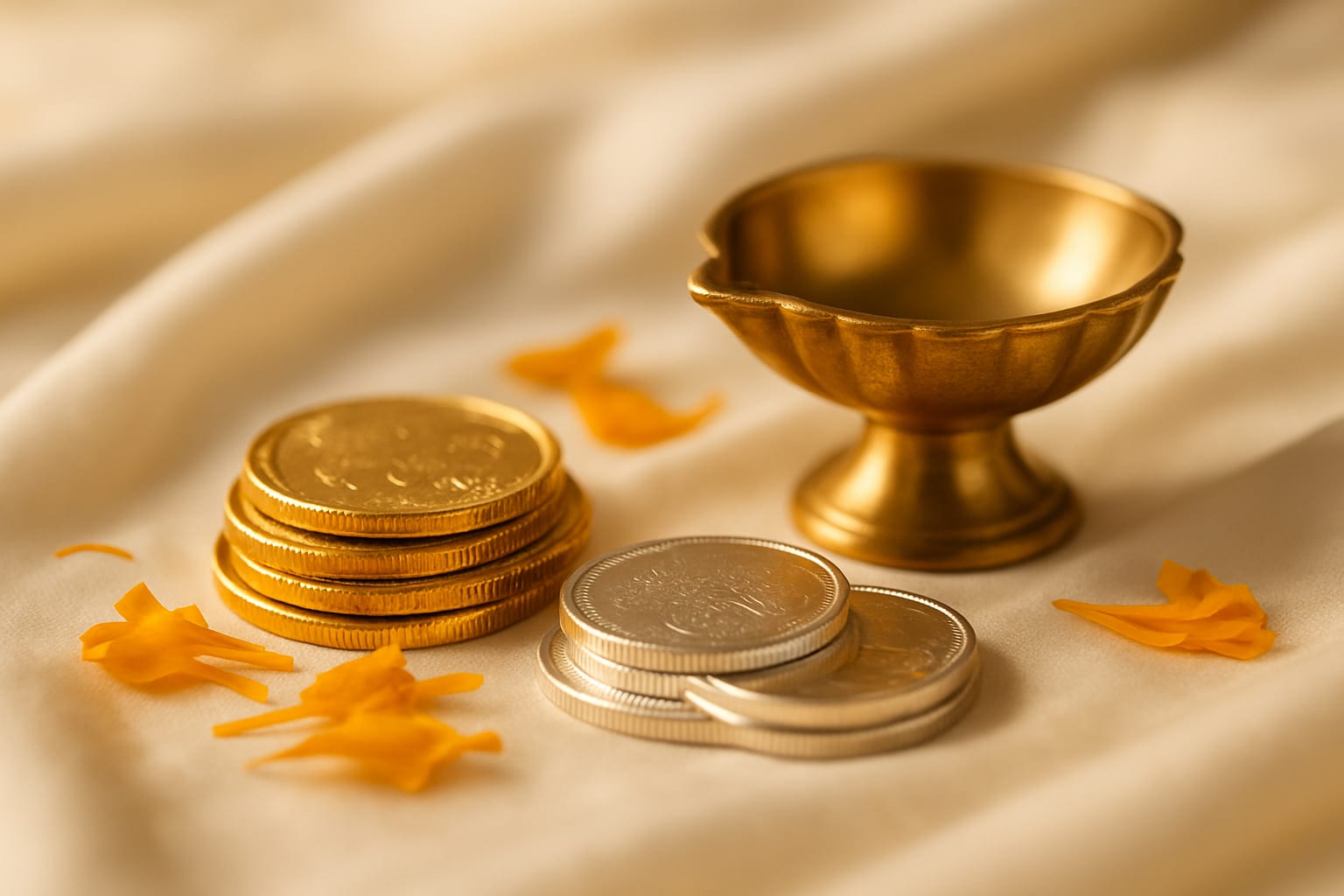 Gold and silver coins with a small brass diya and marigold petals on ivory cloth
