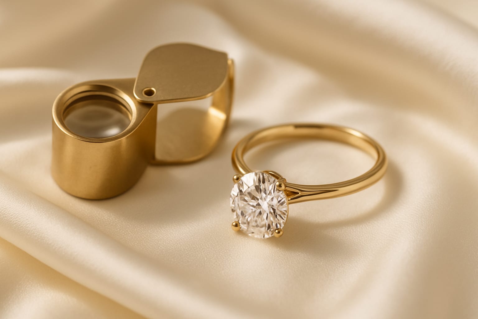 A diamond solitaire ring and a jeweller's loupe arranged on cream silk with soft gold accents
