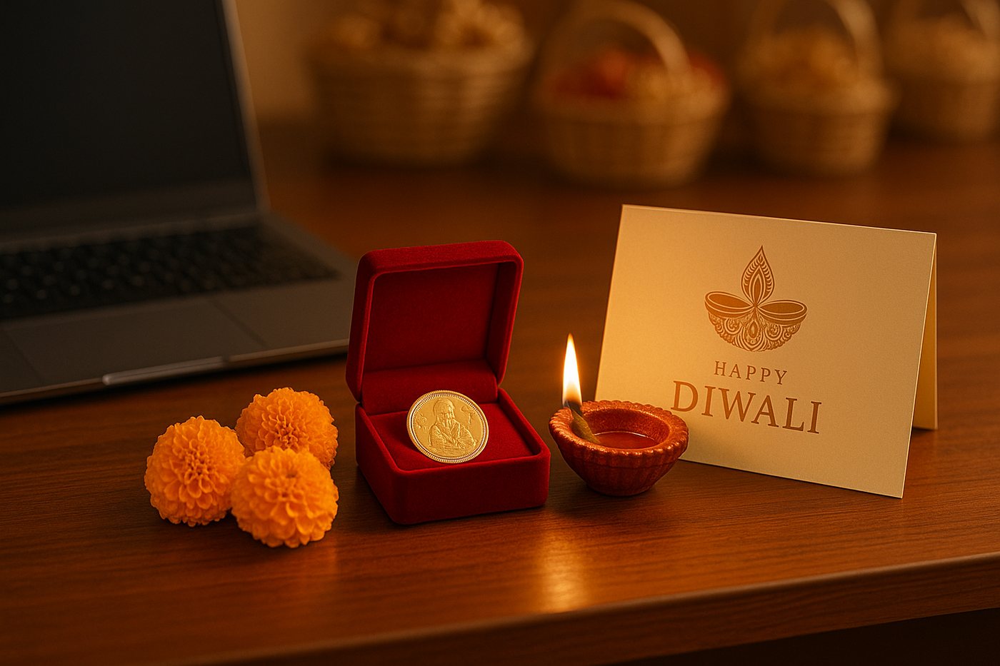An elegant Diwali corporate gift box with a gold coin and diya, versus a generic hamper