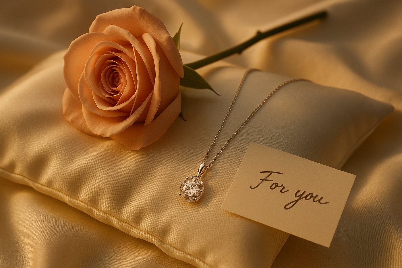 A diamond pendant necklace with a rose and a handwritten note