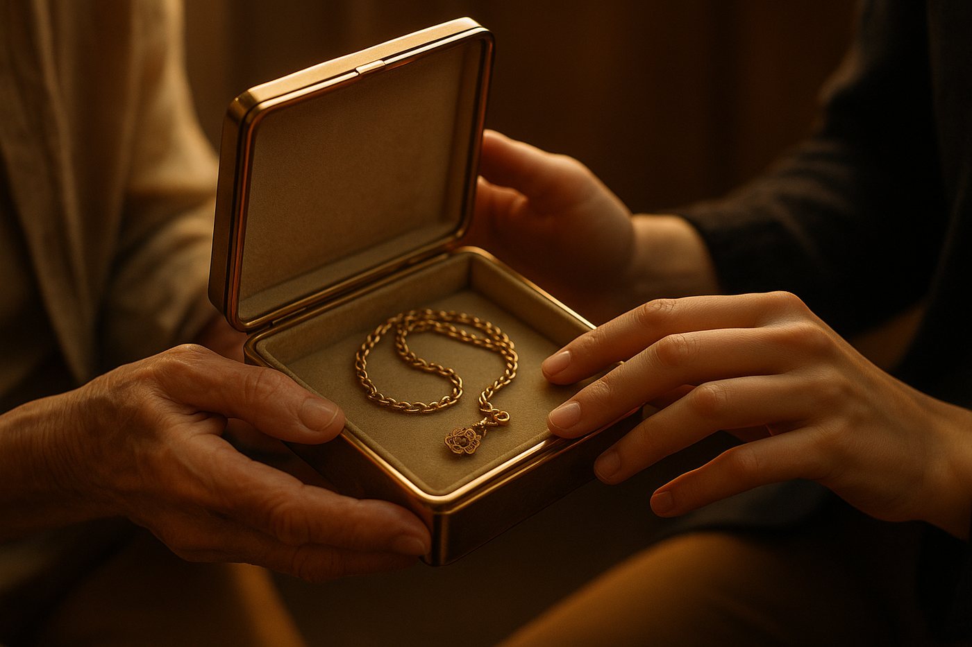 An elder and younger family member's hands together over an open heirloom gold jewellery box