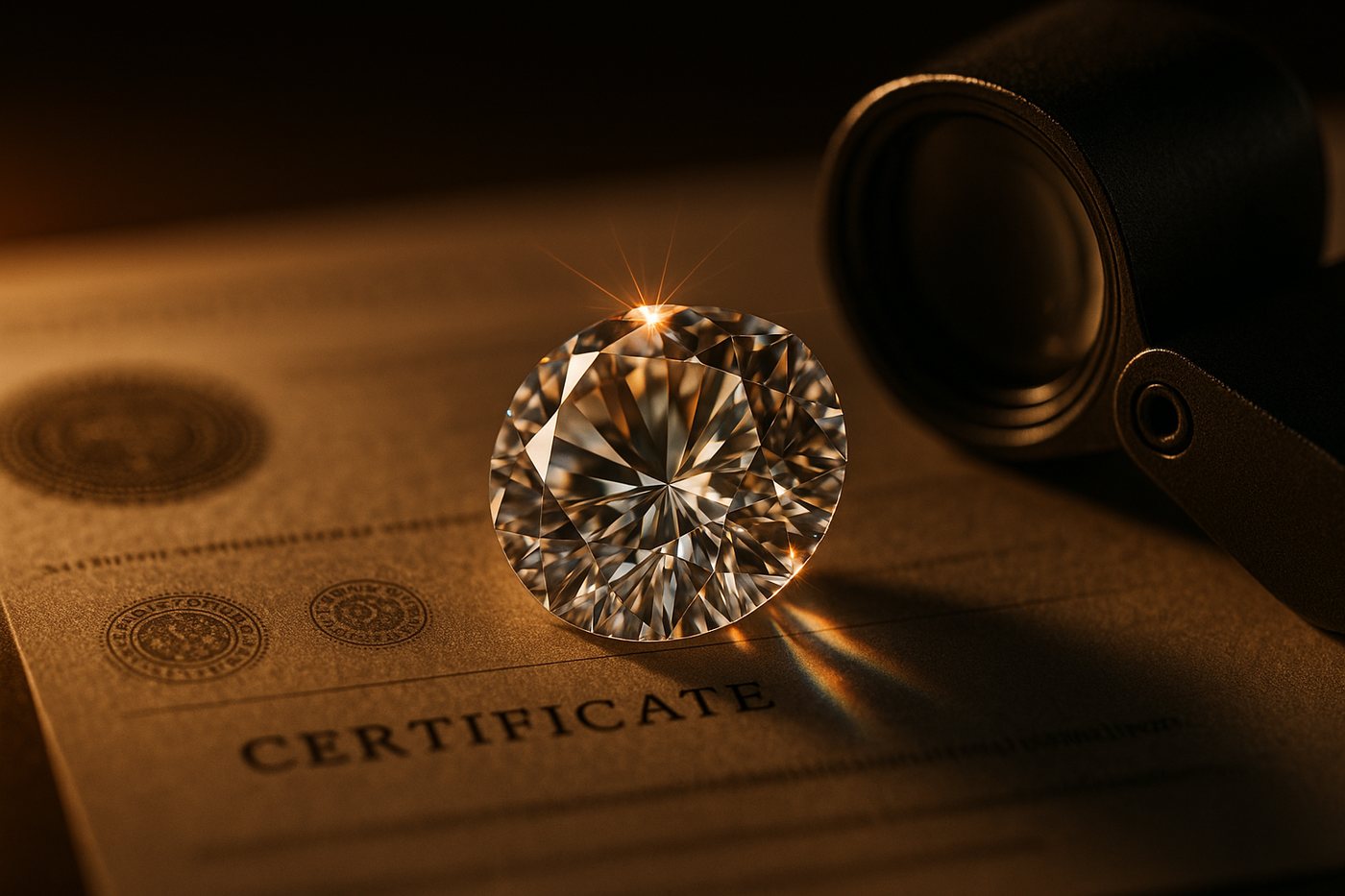 A loose diamond resting on a certification document with a jeweler's loupe
