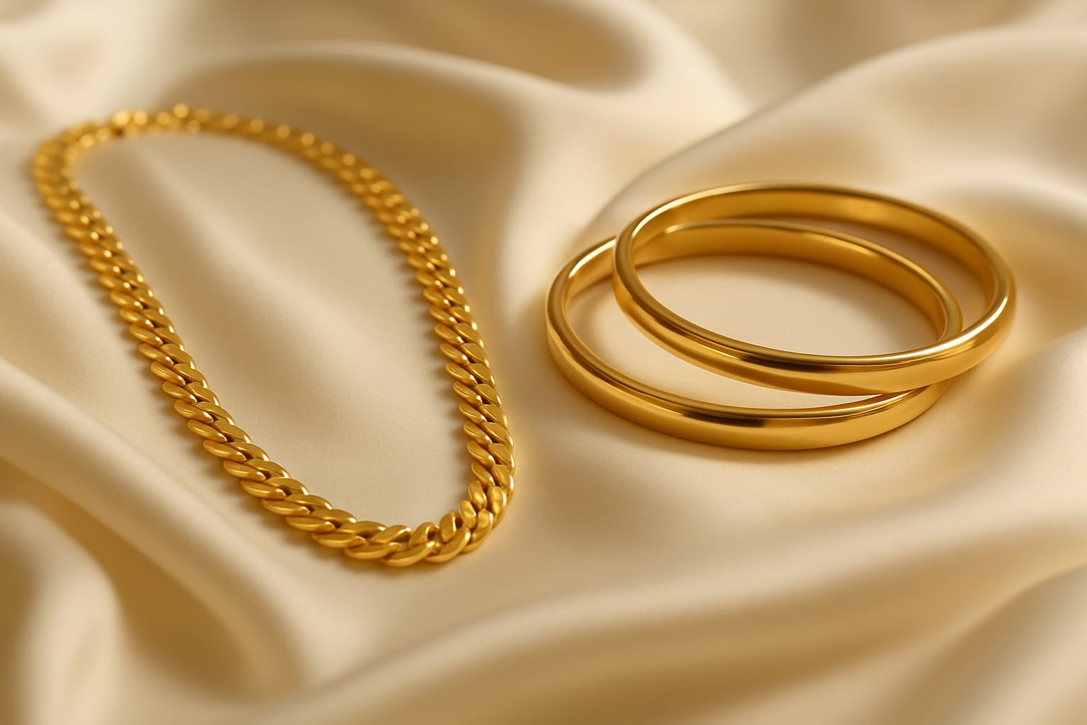 Product photograph of a gold necklace and bangles on ivory silk, styled for a jewellery buying guide