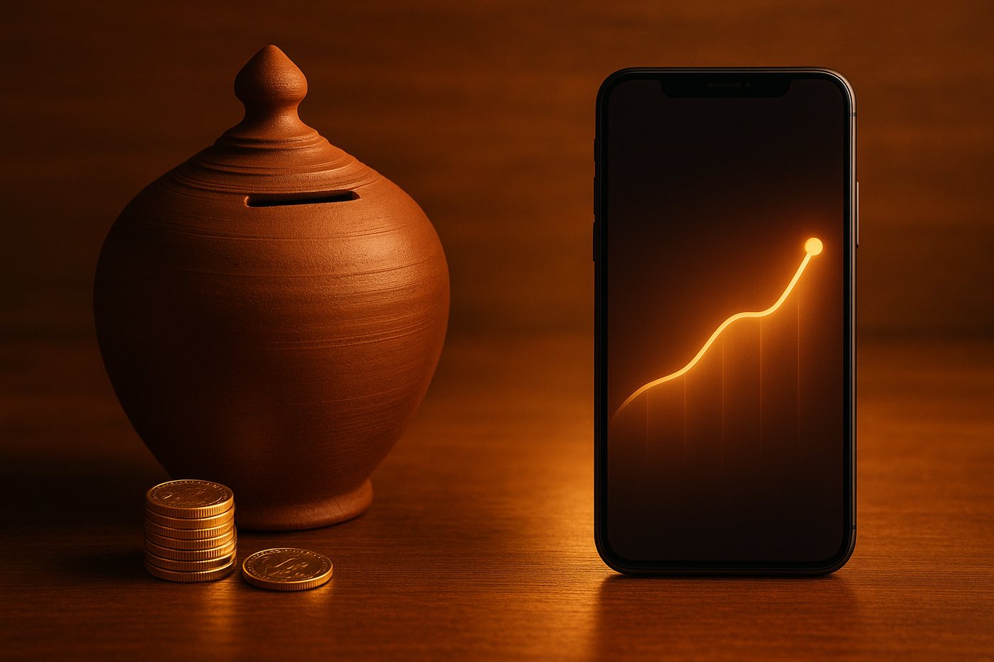 A traditional gullak savings box beside a smartphone showing a savings app