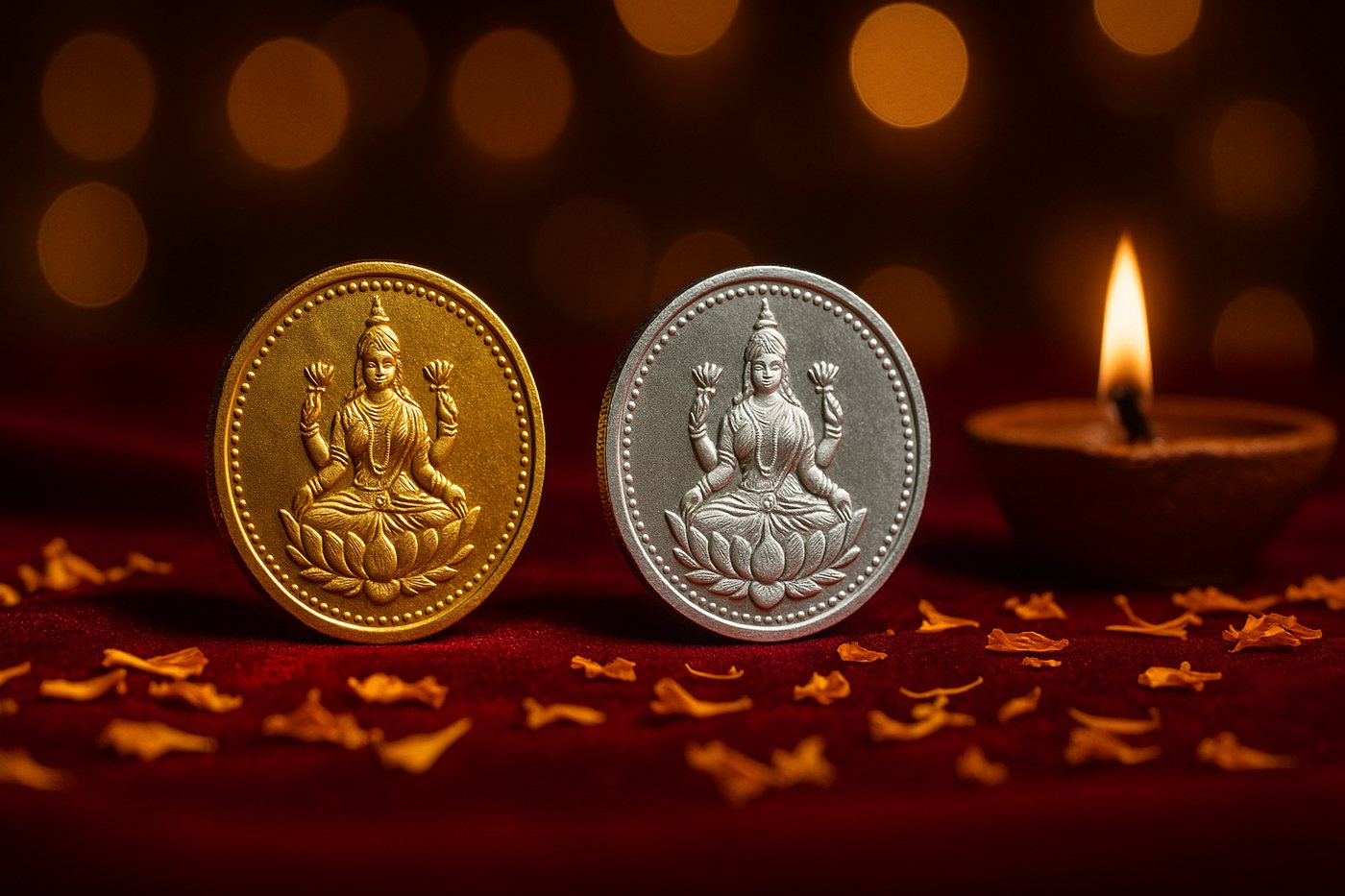 A gold coin and a silver coin with Lakshmi motifs on red velvet with diyas