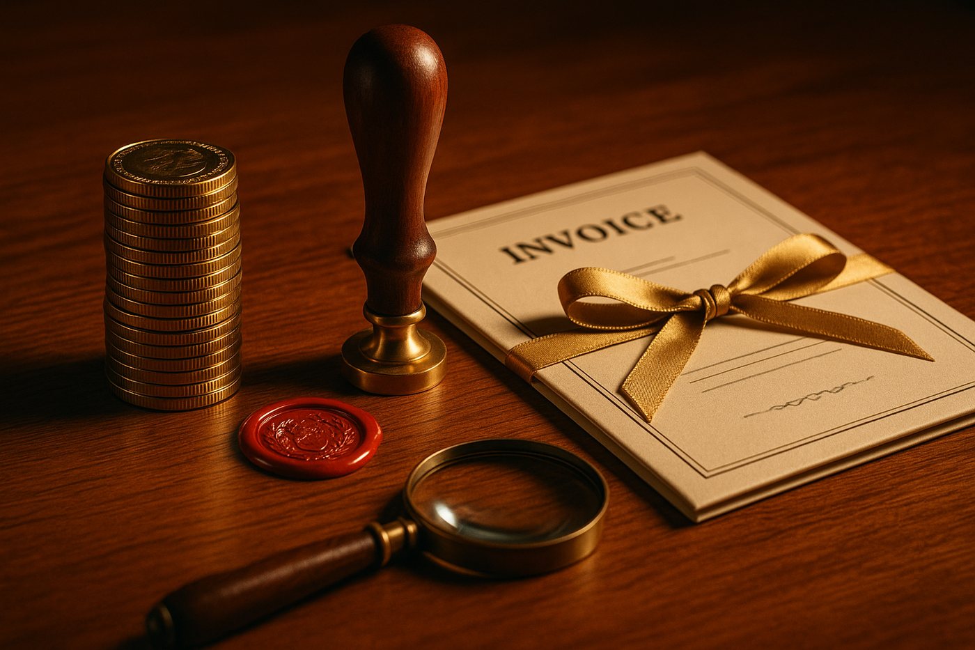Gold coins next to a hallmark stamp and a tied invoice certificate