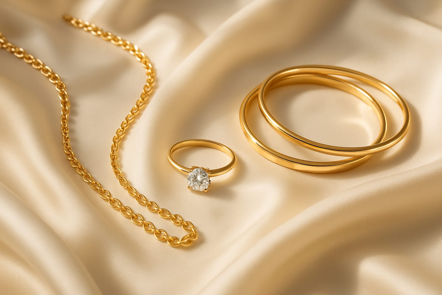 Gold necklace, a diamond ring and bangles arranged on cream silk in soft light
