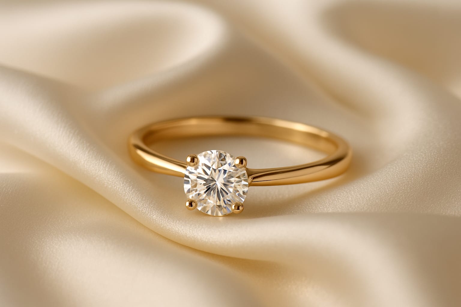 A solitaire ring with a round brilliant diamond on cream ivory fabric with gold accents