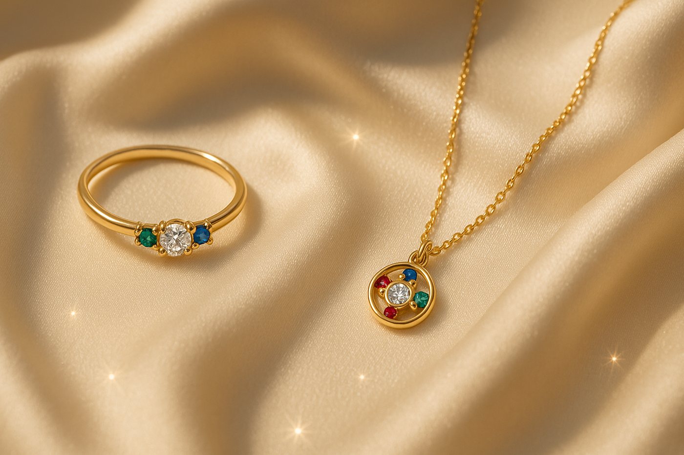 A 9kt gold ring and pendant with a lab-grown diamond and colour stones