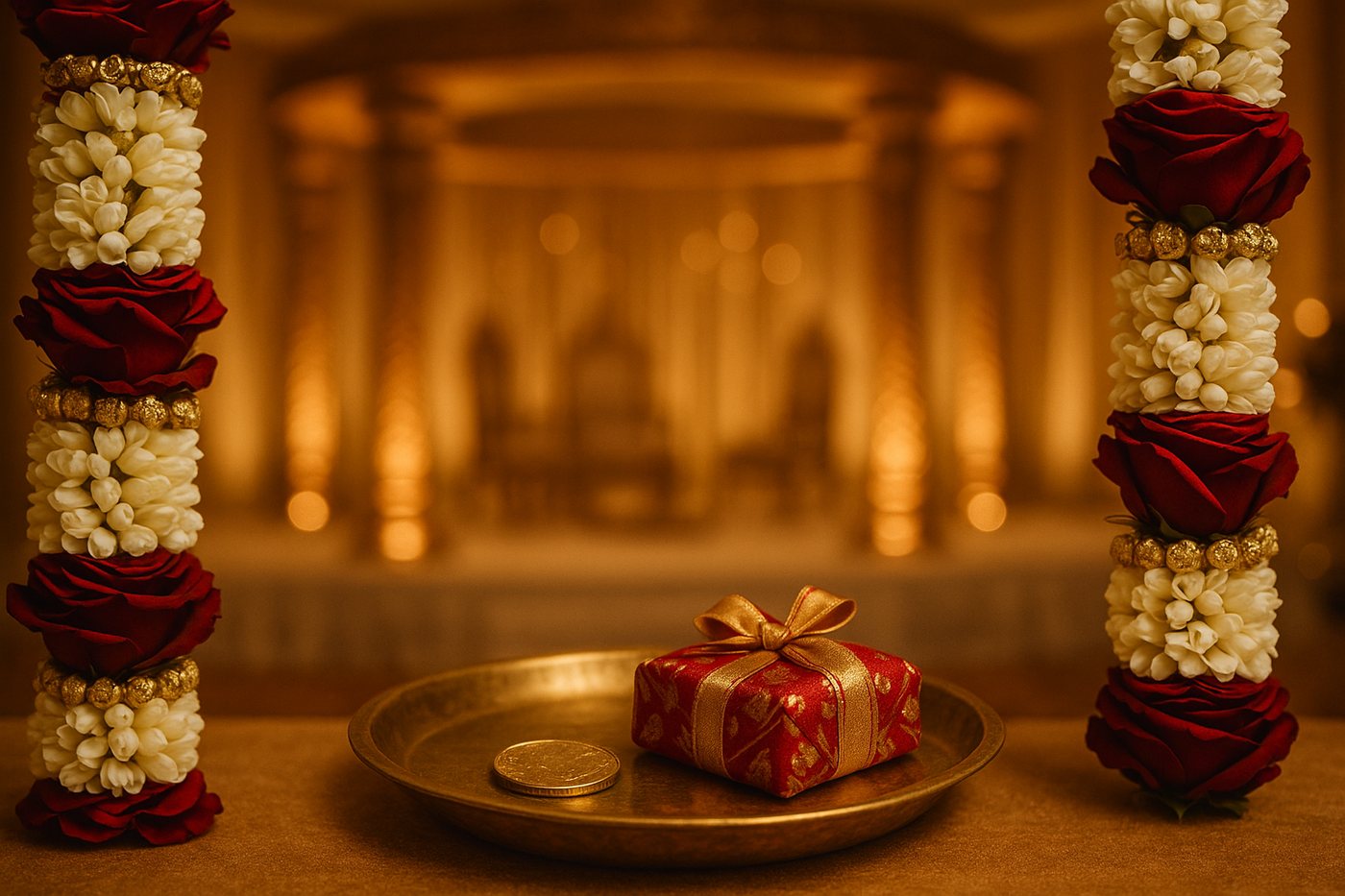Wedding garlands and a gold coin gift tray for a Milni ceremony
