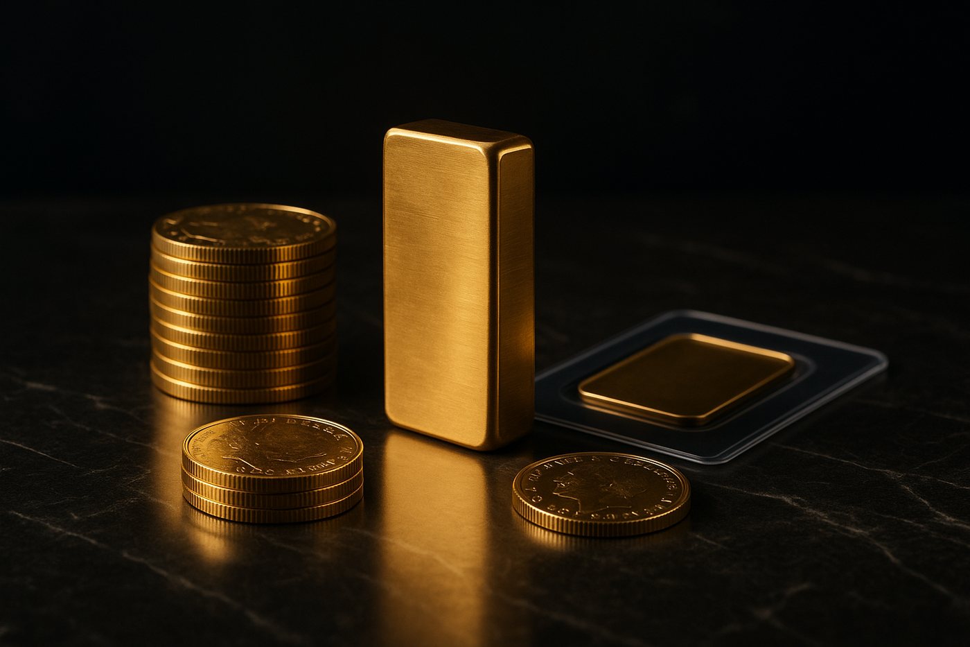 MMTC-PAMP style gold coins and a gold bar in tamper-evident packaging