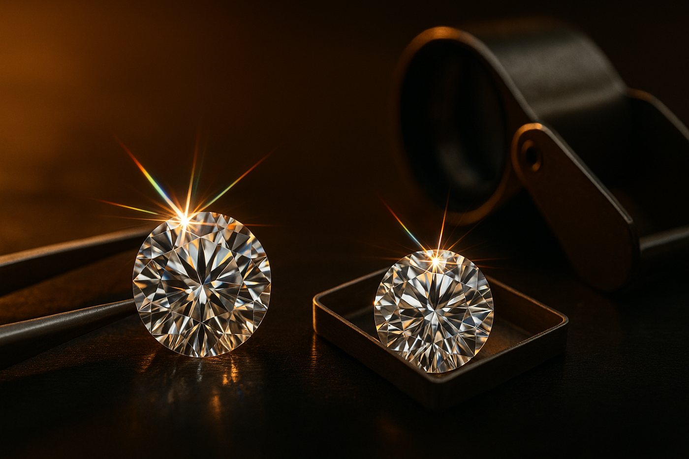 Natural and lab-grown diamonds side by side under studio light with a jeweler's loupe