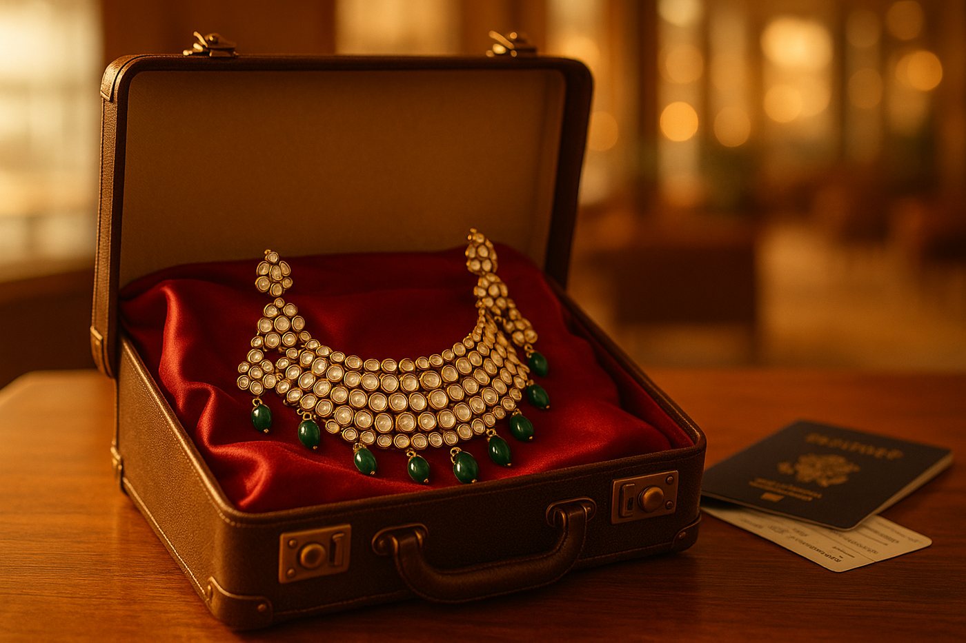 Kundan-polki bridal necklace with emerald drops packed in a suitcase next to a passport