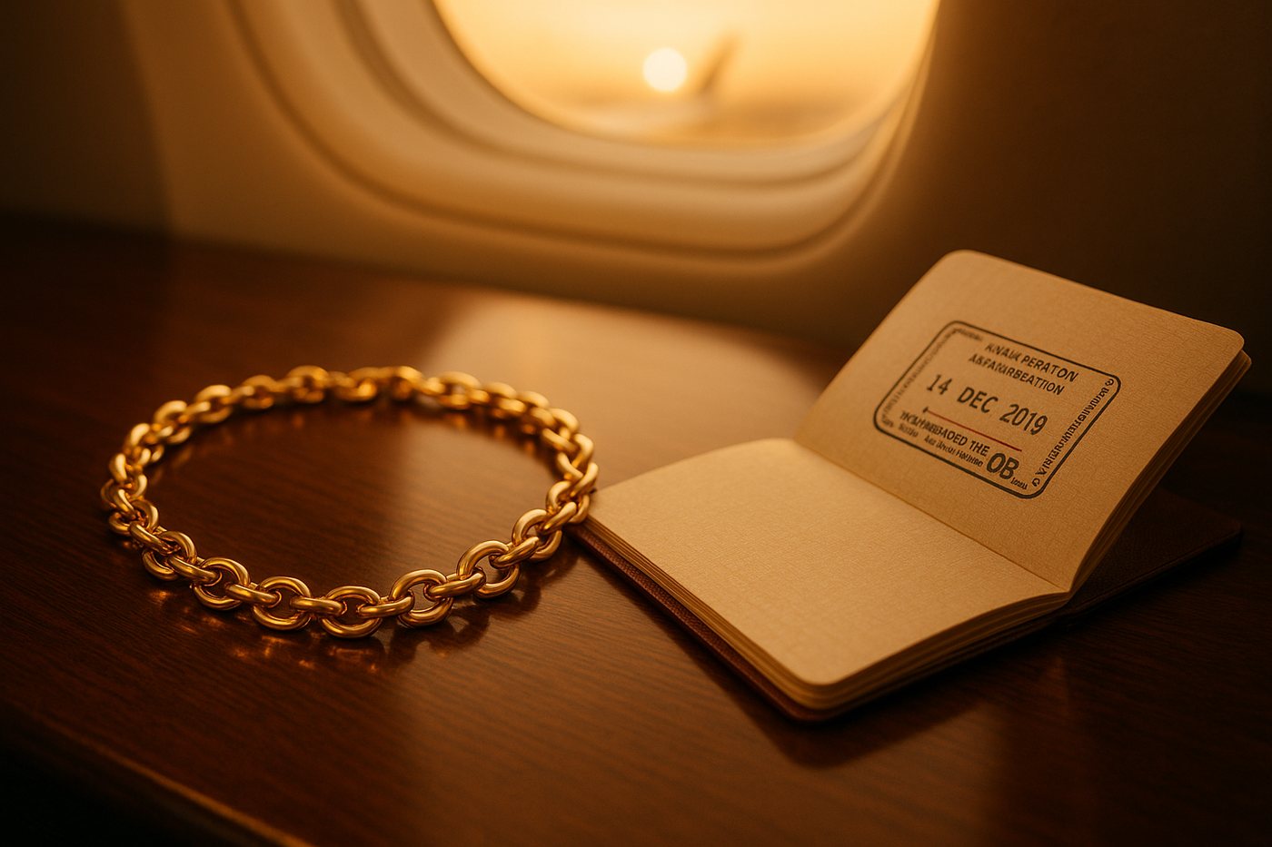 A gold necklace beside a passport on an airport lounge table