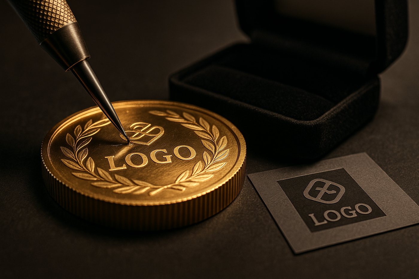 A gold coin mid-engraving with a company logo stencil and velvet packaging nearby