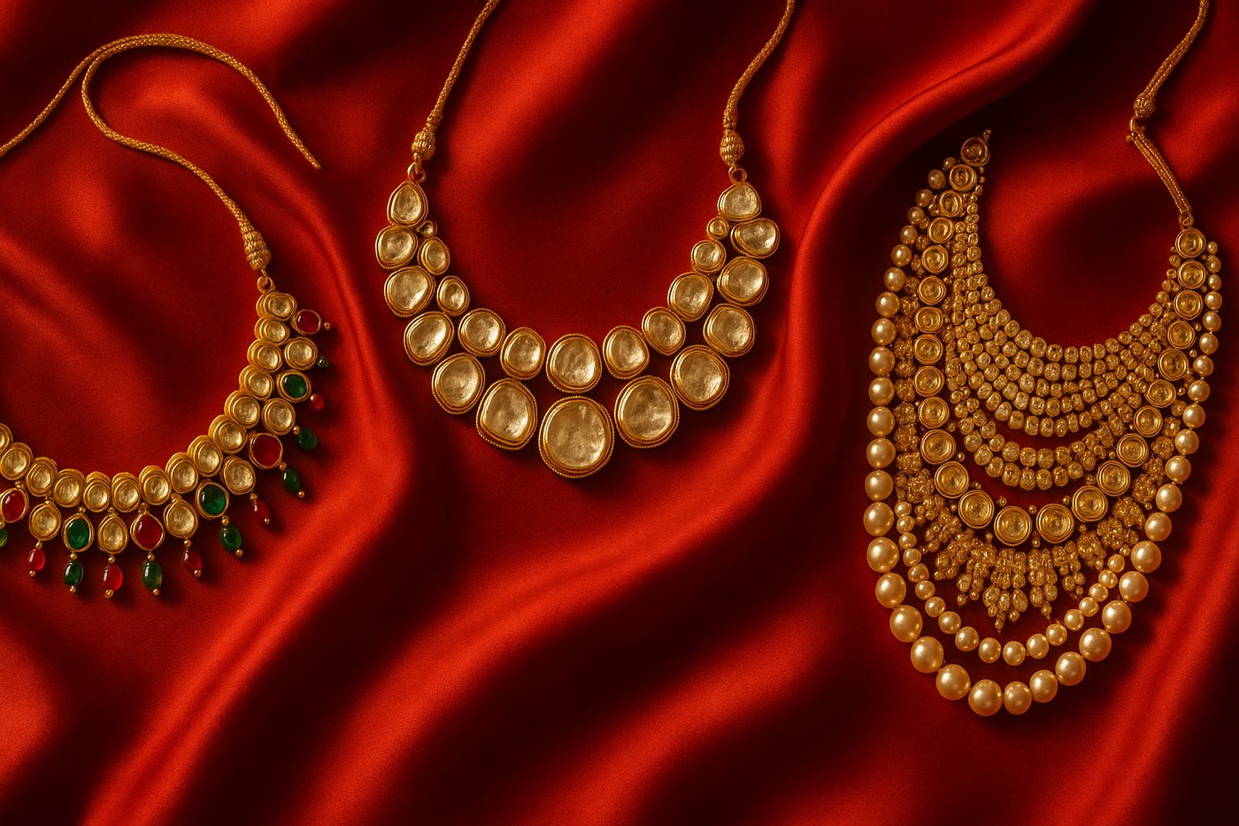 Kundan, polki, and jadau bridal necklaces arranged side by side on red silk