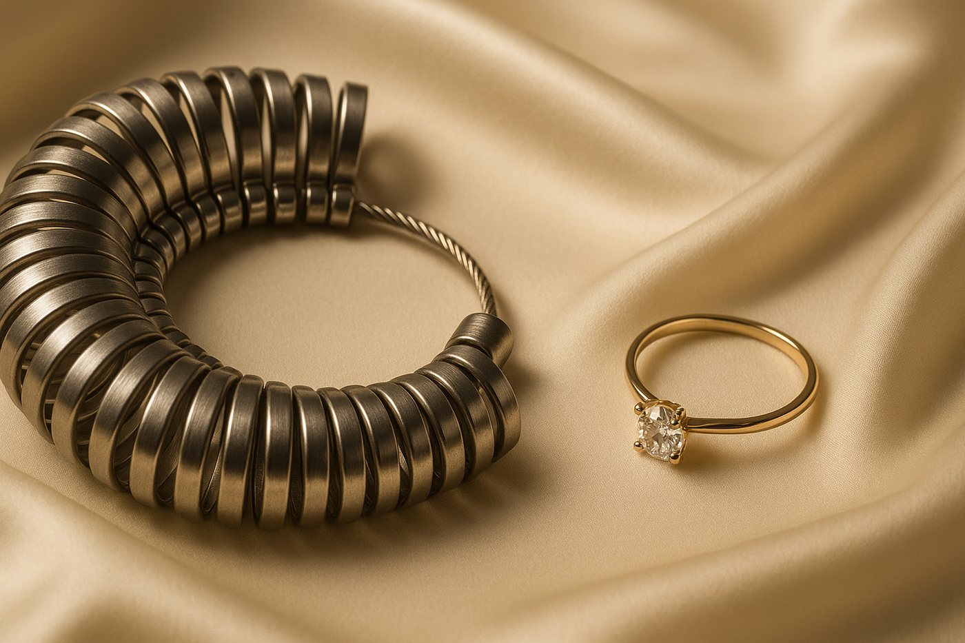 A jeweller's ring sizer tool beside a gold diamond ring