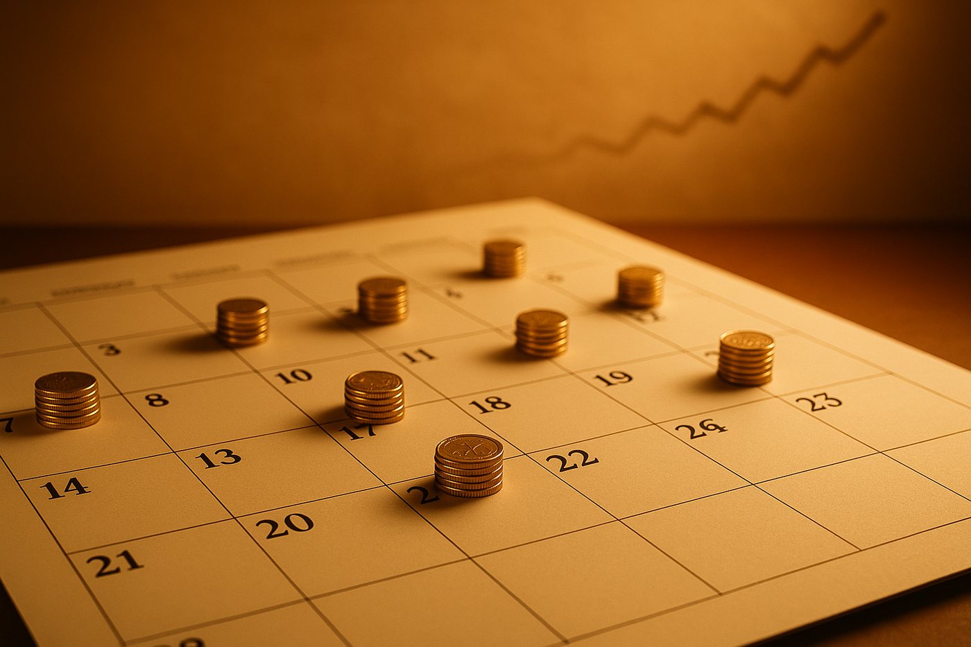 A calendar with small gold coins placed on several dates through the month
