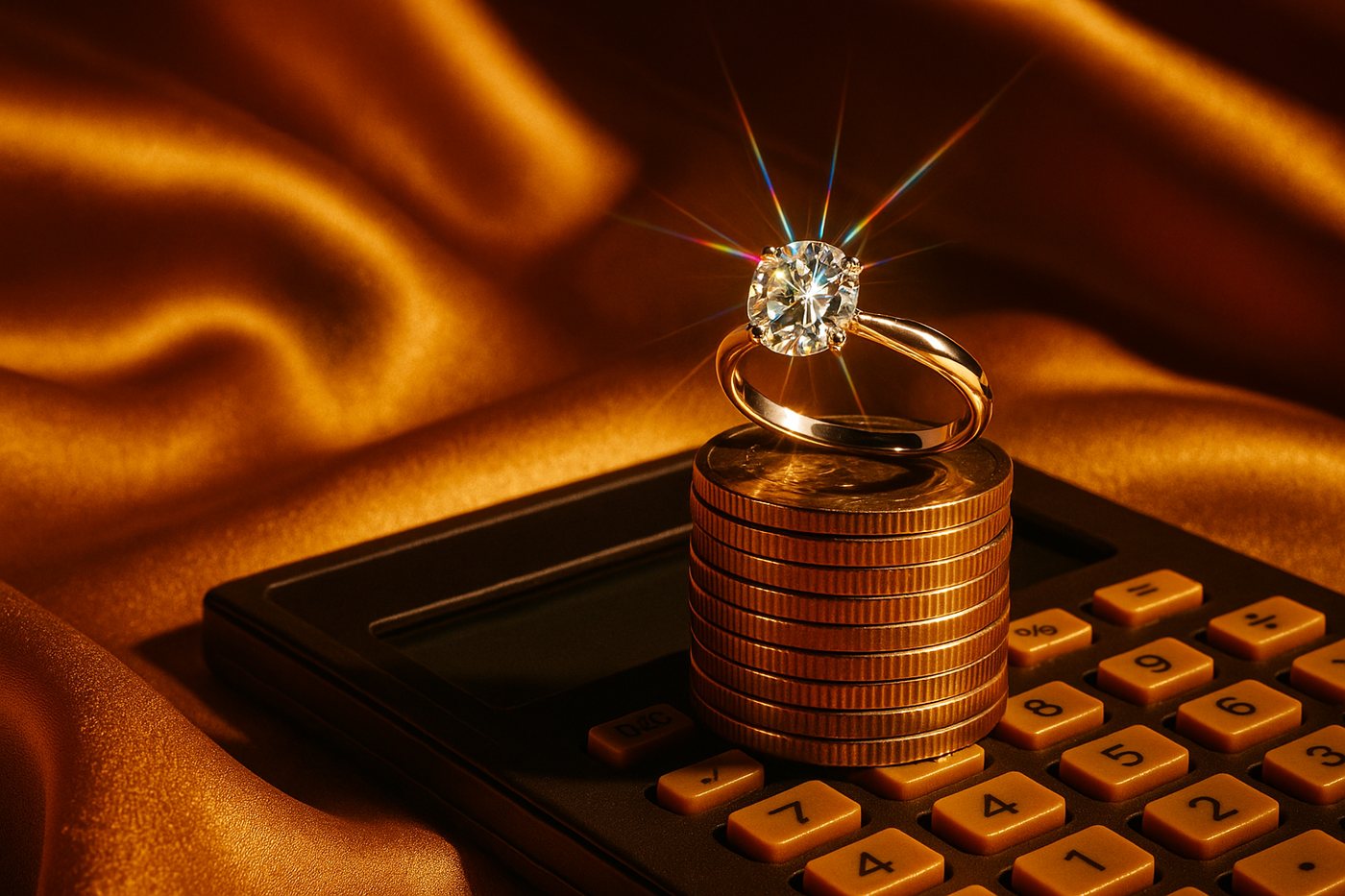 A diamond solitaire ring on a stack of gold coins beside a calculator