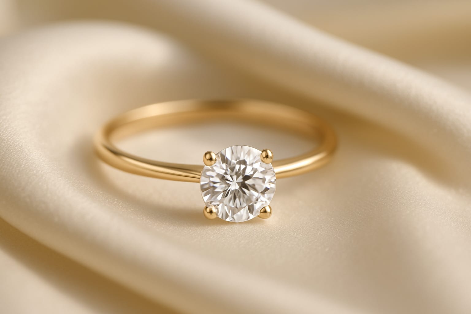 A single round brilliant diamond solitaire ring in a slim gold band on ivory fabric with warm gold highlights