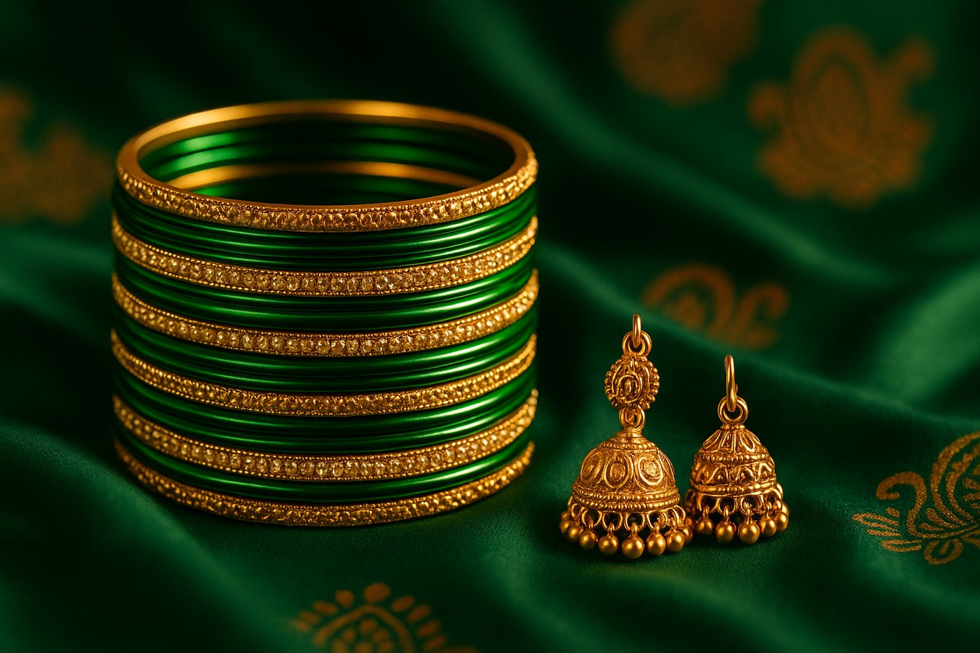 Green and gold bangles with jhumka earrings on green silk for Teej